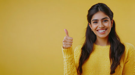 Indian woman in casual wear, showing thumbs up and pointing right to an empty space, ideal for advertisements. Yellow background.の素材