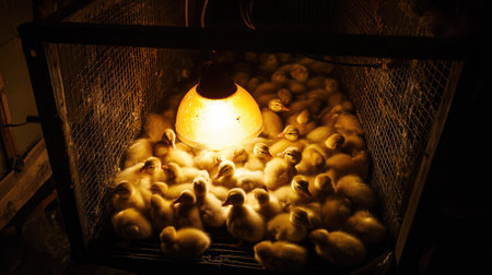 Bird's-eye view of ducklings in a brooding pen, huddled under heat lamps for warmth and comfort.の素材