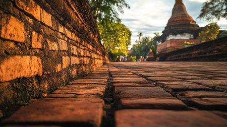 Perspective shot along Thapae Gateaes brick wall in Chiang Mai, focusing on the architectural beauty and cultural history.の素材