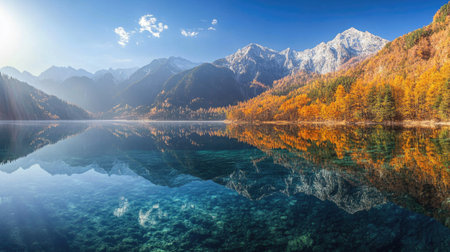 Jiuzhaigou National Parkaes lake, reflecting the brilliant autumn colors and towering mountains in its crystal-clear waters.の素材