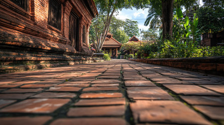Perspective view of the red bricks at Thapae Gate, Chiang Mai, emphasizing the intricate patterns and aged beauty.の素材