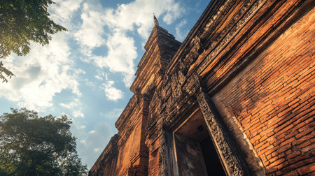 Low-angle shot of Thapae Gateaes iconic red brick wall, showcasing the detailed craftsmanship and history of Chiang Mai.の素材