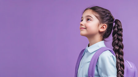 Preteen girl in a uniform and backpack, gazing away with a dreamy smile. Ideal for ads targeting school-age children. Lilac violet background.の素材