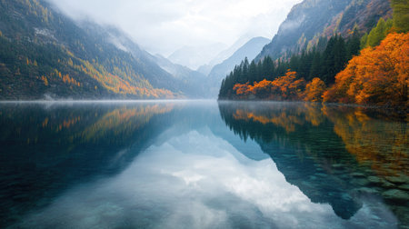 Jiuzhaigou National Parkaes lake, reflecting the brilliant autumn colors and towering mountains in its crystal-clear waters.の素材