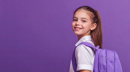 Preteen girl with a dreamy smile, gazing away, wearing a school uniform and backpack. Ideal for advertising and promotional purposes. Lilac violet background.の素材