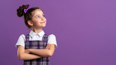 Smiling preteen girl in school uniform, daydreaming and looking to the side. Perfect for showcasing products or services for kids. Lilac violet background.の素材