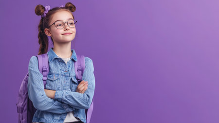Preteen girl with a backpack, lost in thought and smiling softly. Perfect for ads and content about education and childhood. Lilac violet background.の素材