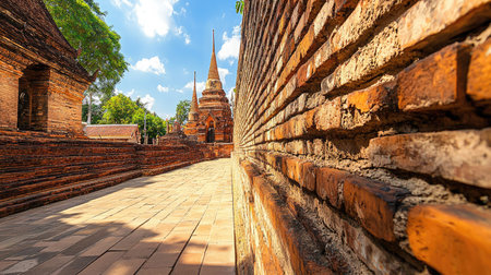 Side perspective of Thapae Gateaes iconic red brick wall, showcasing the architectural detail and cultural heritage of Chiang Mai.の素材