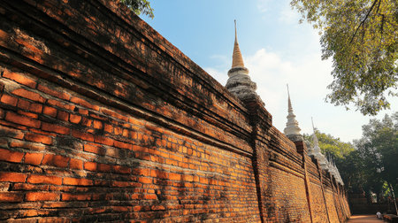 Side perspective of Thapae Gateaes red brick wall, showcasing the craftsmanship and historical layers of Chiang Maiaes heritage.の素材