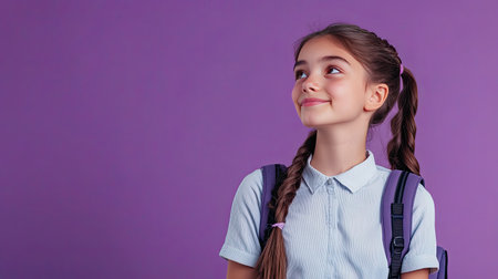 Smiling Latin schoolgirl, lost in thought, wearing a uniform and backpack. Perfect for showcasing educational products. Lilac violet background.の素材