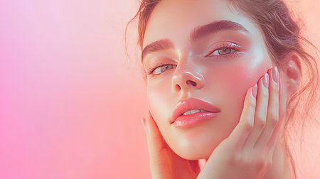 Serene woman with glowing skin, softly touching her face. Ideal for skincare and cosmetics promotions. Copy space for branding or messaging.の素材