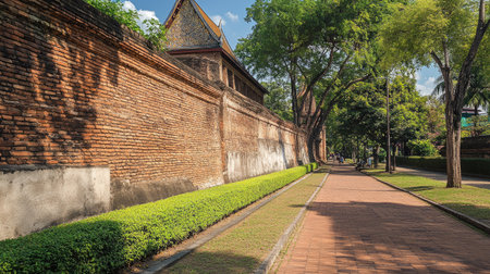 Side perspective view of Thapae Gateaes brick wall, highlighting the architectural detail and cultural importance in Chiang Mai.の素材
