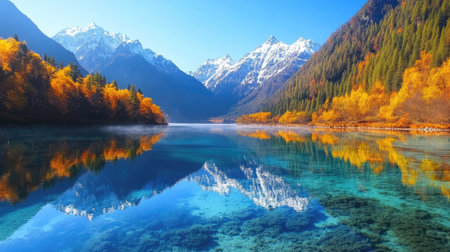 The crystal-clear waters of a lake at Jiuzhaigou National Park, reflecting vibrant autumn foliage and snow-capped mountains.の素材