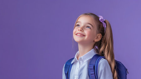 Smiling preteen girl, wearing a school uniform and backpack, looking off into the distance. Perfect for promotional and educational content. Lilac violet background.の素材