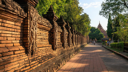 Side perspective view of Thapae Gateaes brick wall, highlighting the architectural detail and cultural importance in Chiang Mai.の素材