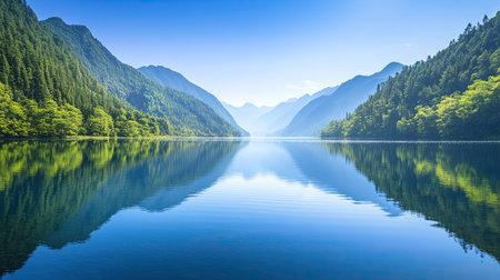 The calm waters of a lake at Jiuzhaigou National Park, reflecting the lush, vibrant landscape and clear blue sky.の素材