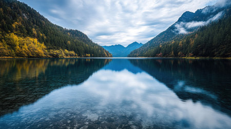 The calm, reflective waters of a lake at Jiuzhaigou National Park, mirroring the vibrant landscape and sky.の素材