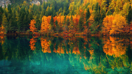 The vibrant colors of Jiuzhaigou National Parkaes forest reflected in the crystal-clear waters of a tranquil lake.の素材