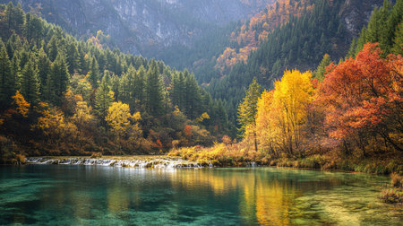 The colorful autumn landscape of Jiuzhaigou Valley, with red, orange, and yellow leaves contrasting against the deep green of the pine trees.の素材
