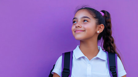 Thoughtful Latin girl in a school uniform and backpack, gazing off into the distance with a smile. Ideal for educational themes. Lilac violet background.の素材