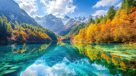 The crystal-clear waters of a lake at Jiuzhaigou National Park, reflecting vibrant autumn foliage and snow-capped mountains.の素材