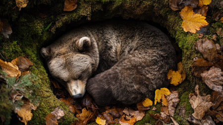 Top view of a bear curled up sleeping in a cozy den, surrounded by soft moss and fallen leaves, depicting a peaceful hibernation scene.の素材