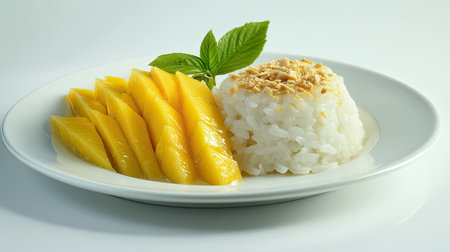 A plate of Thai dessert featuring sticky rice with coconut milk, beautifully arranged with fresh, ripe mango slices on a white plate, set against a clean white background.の素材