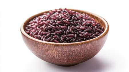 A bowl filled with cooked Riceberry rice, isolated on a white background. The striking color and texture of the rice stand out against the white backdrop.の素材