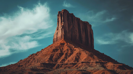 A close-up of a towering butte in Monument Valley, showcasing the vibrant red hues and rugged textures that characterize the iconic Arizona-Utah desert landscape.の素材