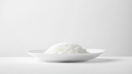 A clean and minimalistic presentation of white rice on a white plate, with a pure white background emphasizing the dish's simplicity.の素材