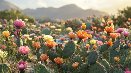 A field of wild cacti in bloom, with flowers of various colors opening under the intense summer sun, creating a vibrant display of desert flora.の素材