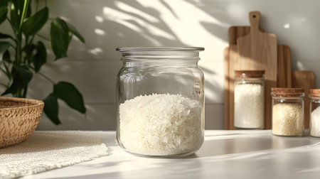 A clear glass jar filled with Jasmine rice, isolated on a white background with a clipping path. Neatly arranged and minimalistic kitchen concept.の素材