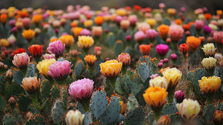 A field of wild cacti in bloom, with flowers of various colors opening under the intense summer sun, creating a vibrant display of desert flora.の素材
