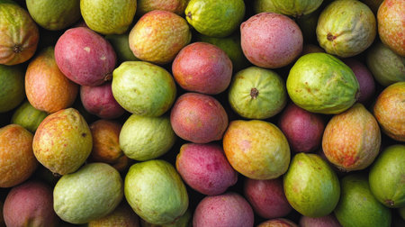 A heap of guavas, with varying sizes and shades, arranged together in a vibrant and fresh presentation.の素材