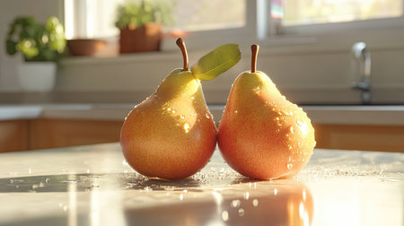 A pair of ripe pears, one sweet and one sour, sitting on a kitchen counter, with droplets of water enhancing their juiciness.の素材
