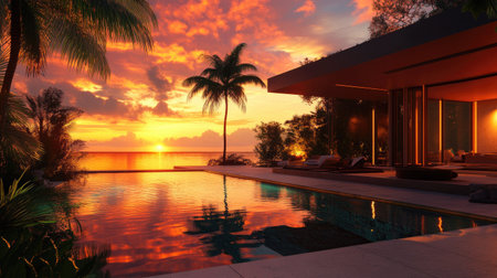 A tropical villa with an open living room, garden, and swimming pool at sunset. The warm colors of the sky reflect in the tranquil waters.の素材