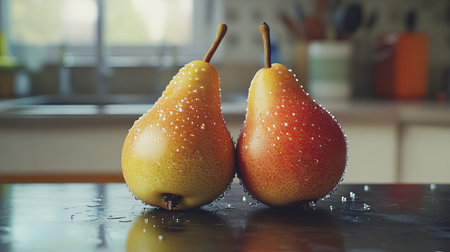 A pair of ripe pears, one sweet and one sour, sitting on a kitchen counter, with droplets of water enhancing their juiciness.の素材