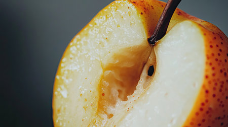 Close-up of a juicy pear with a bite taken out, showcasing the sweet or sour taste and the freshness of the fruit.の素材