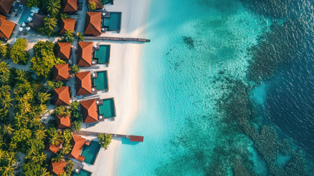 Aerial panorama of water bungalows and a long wooden jetty in the Maldives, surrounded by the shimmering turquoise lagoon and golden sandy beaches under the summer sun.の素材
