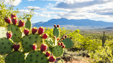 A detailed close-up of the giant prickly pear cactus with bright red fruits, set against the expansive desert landscape of Saguaro National Park, Arizona.の素材