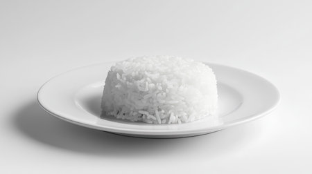 A clean and minimalistic presentation of white rice on a white plate, with a pure white background emphasizing the dish's simplicity.の素材