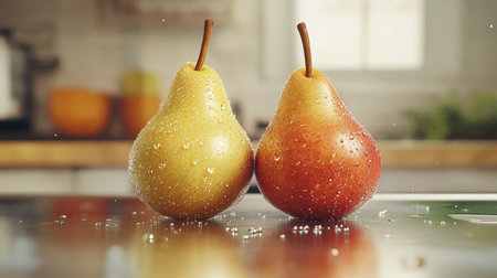 A pair of ripe pears, one sweet and one sour, sitting on a kitchen counter, with droplets of water enhancing their juiciness.の素材