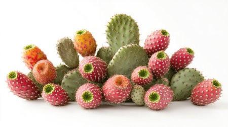 A prickly pear cactus filled with bright fruit, isolated on a white background, providing a clear and detailed focus on the plantaes textures and colors.の素材