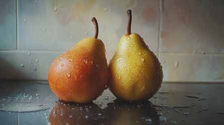 A pair of ripe pears, one sweet and one sour, sitting on a kitchen counter, with droplets of water enhancing their juiciness.の素材