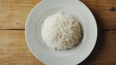 A portion of steamed Thai Jasmine rice on a white plate, viewed from above on a wooden table. Simple, aromatic, and ready to serve.の素材