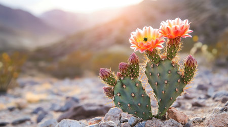 A single wild cactus with bright flowers blooming under the clear summer sky, standing resilient in the desert landscape, with rocky terrain and sunlight all around.の素材