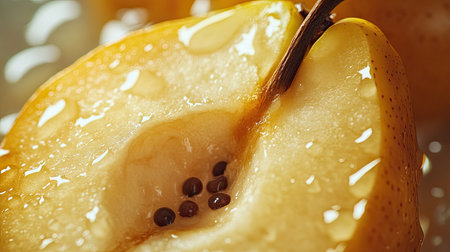 Close-up of a juicy pear with a bite taken out, showcasing the sweet or sour taste and the freshness of the fruit.の素材