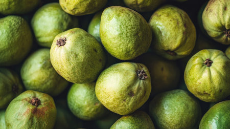 Close-up of a pile of guavas, highlighting their rough skin and natural, organic appearance. Fresh and ready to eat.の素材