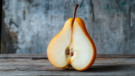 A single ripe pear sliced open, revealing its juicy interior, sweet or sour taste, and seeds, set on a rustic wooden surface.の素材