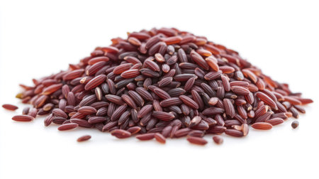 A small heap of cooked Riceberry rice, isolated on a white background. The deep hues and textures create a visual focus on health and nutrition.の素材
